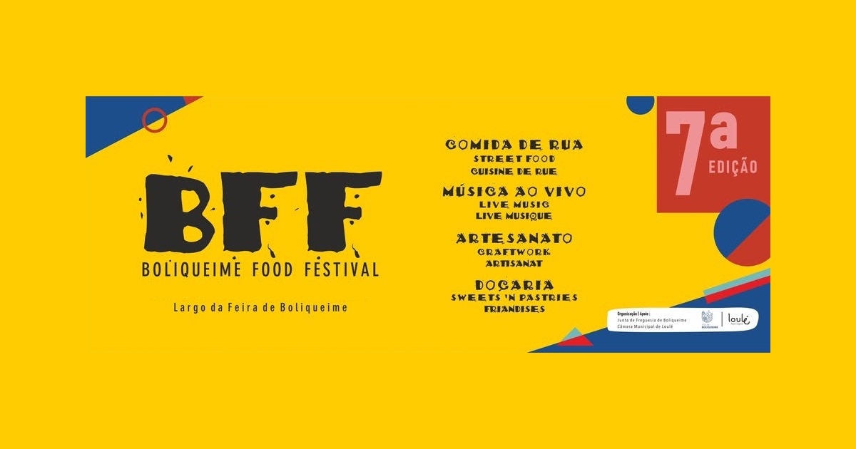 Boliqueime Food Festival BFF yellow poster for the 7th edition at Largo da Feira