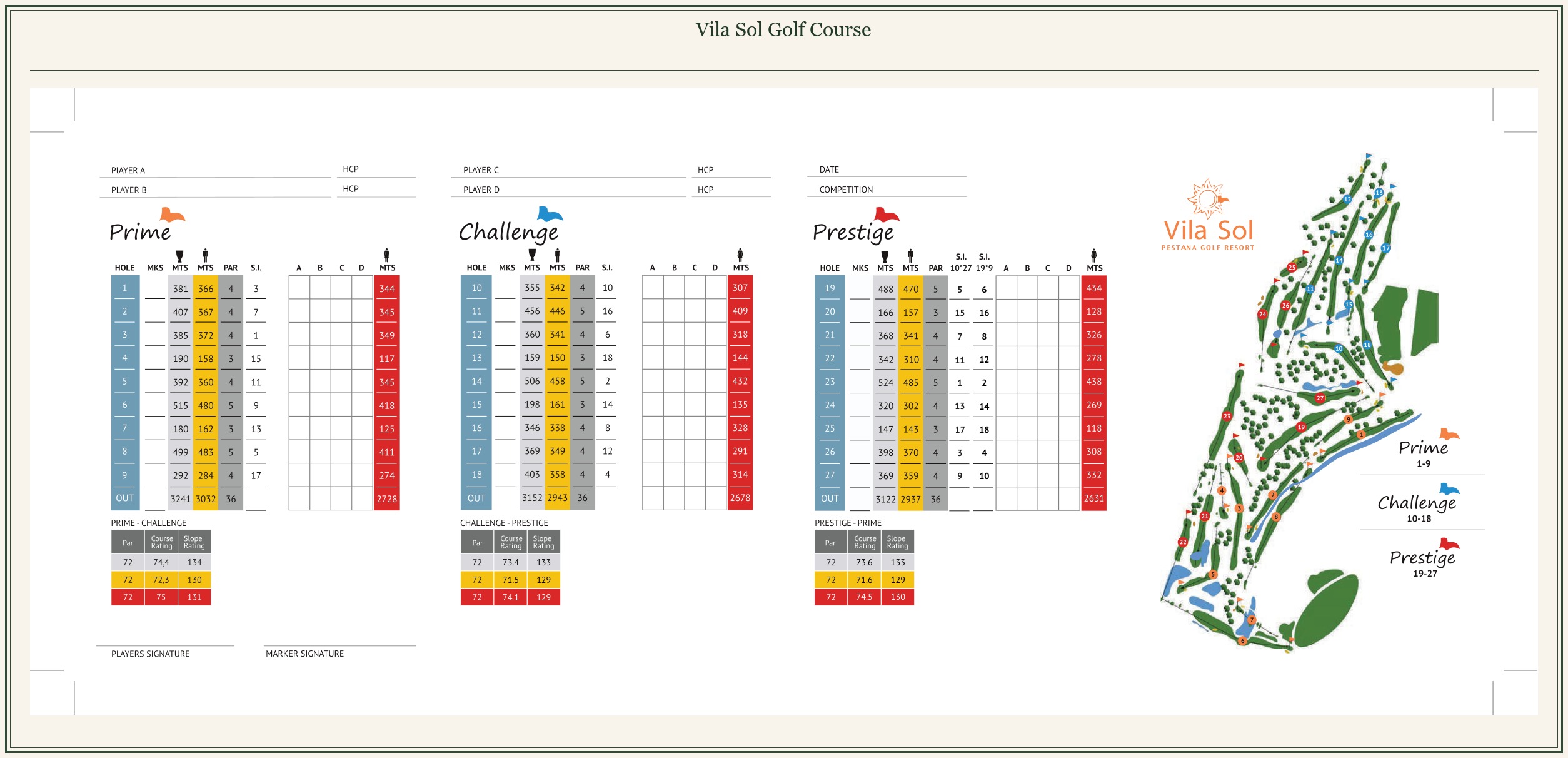 Course layout map for Vila Sol Golf Course